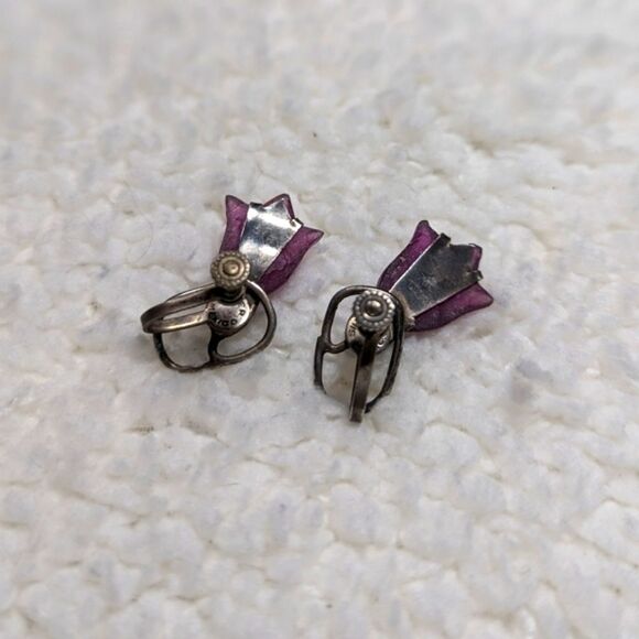 Vintage 40's /50's Sterling Silver & Purple Lucite Tulip Screw Back Earrings - Picture 4 of 11